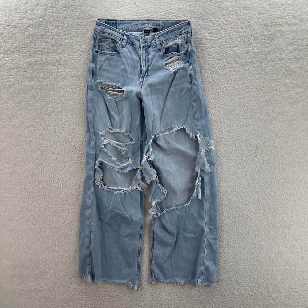 American Eagle Jeans Womens 6 Blue Super High-Rise Baggy Wide Leg Distressed